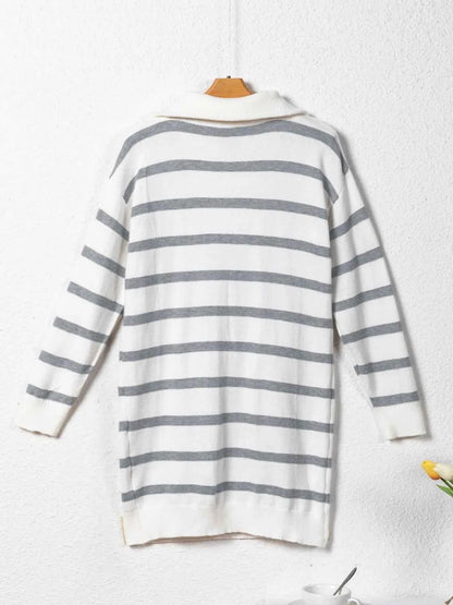 Striped O-ring Zip Collared Loose Sweater Mini Dress