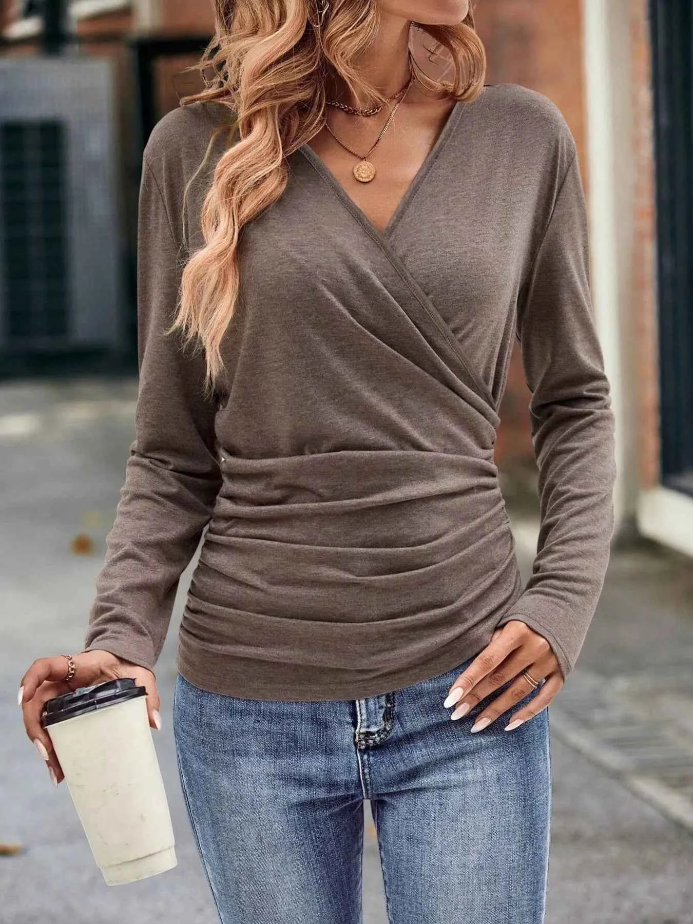 Ruched Surplice Long Sleeve T-Shirt
