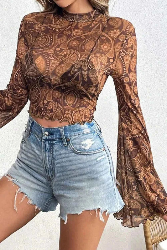 Printed Mock Neck Flare Sleeve Top