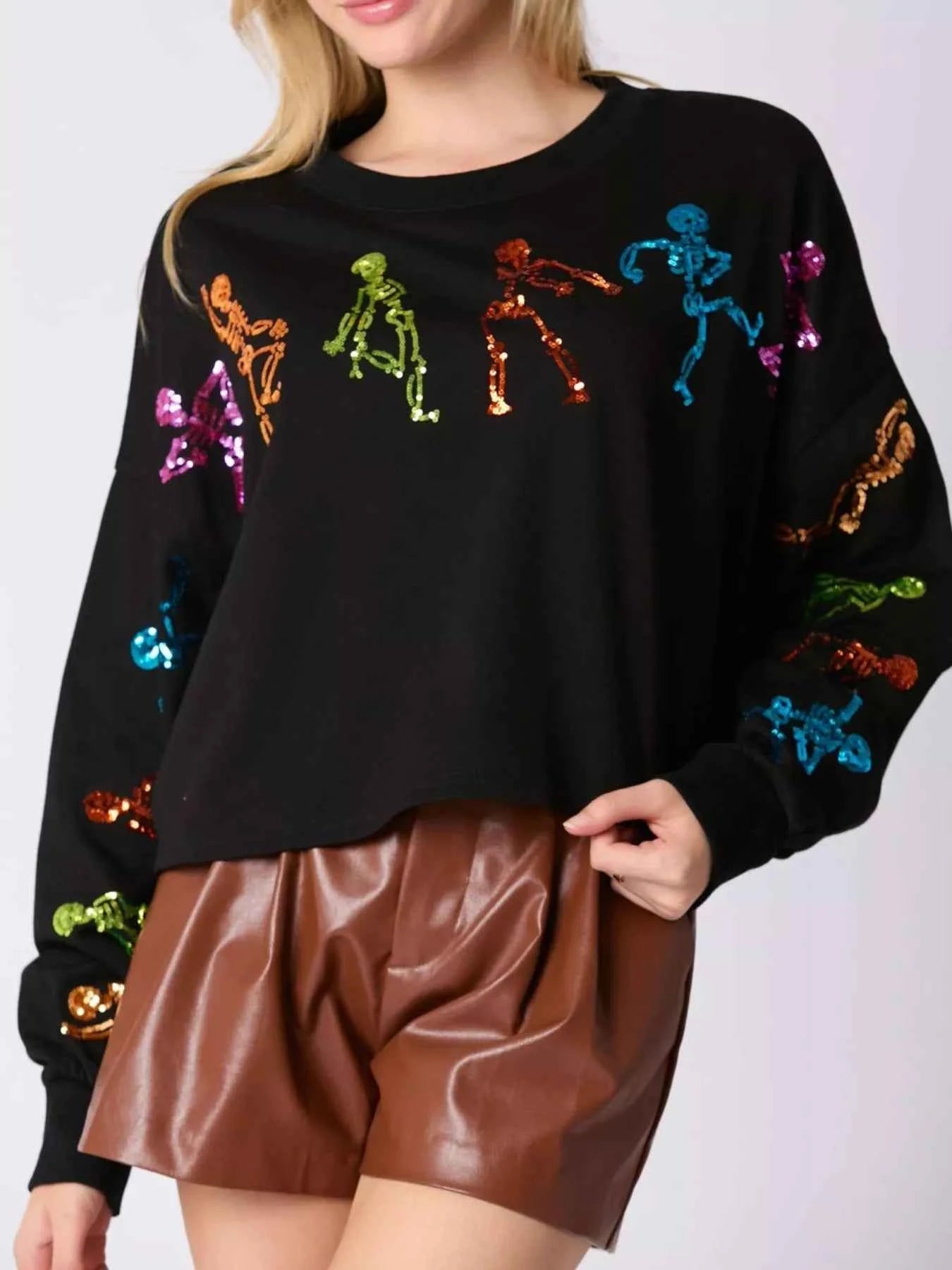 Halloween Colorful Sequin Skeleton Sweatshirt