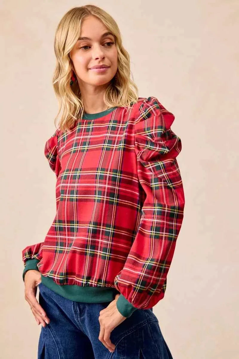 BiBi Christmas Plaid Exaggerated Shoulder Sleeves Top
