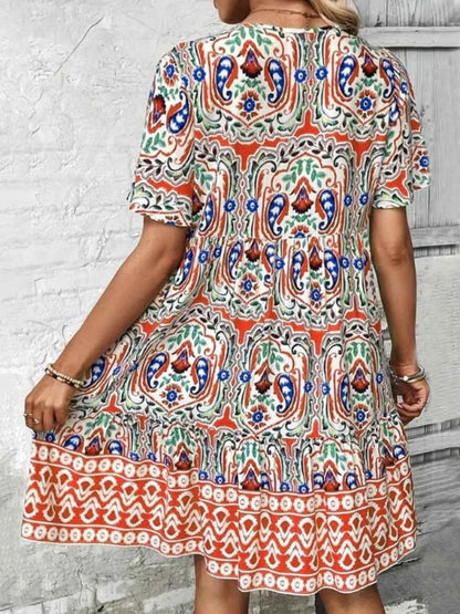 Printed Tie Neck Short Sleeve Dress