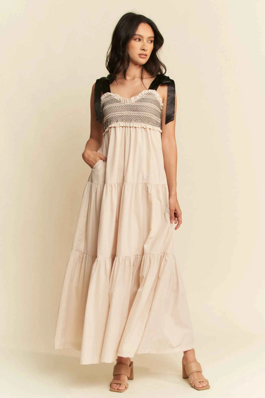 Davi & Dani Multi Contrast Smocked Bodice Straps Maxi Dress