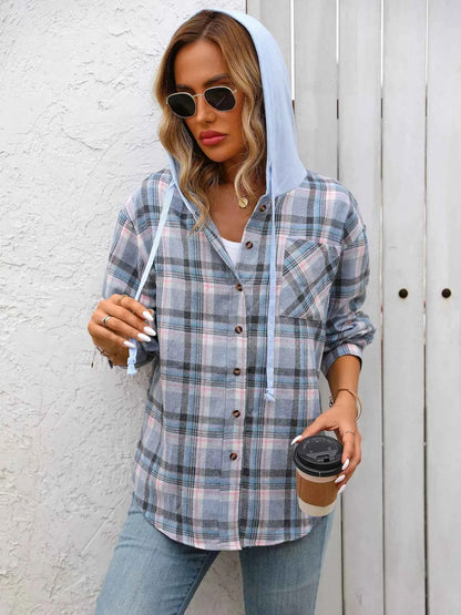 Plaid Button-Up Hooded Shirt with Chest Pocket