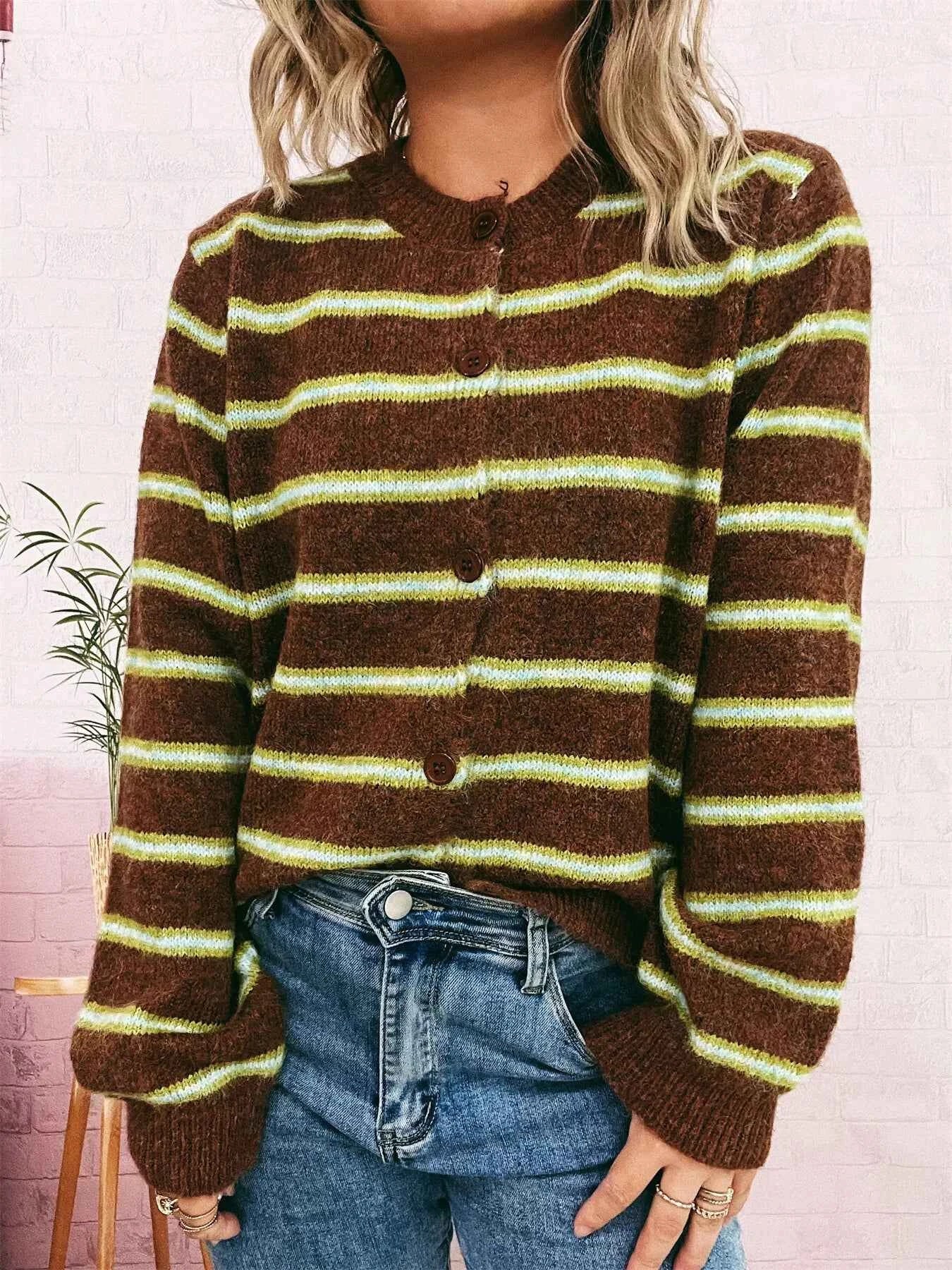 Striped Button-Up Long Sleeve Cardigan