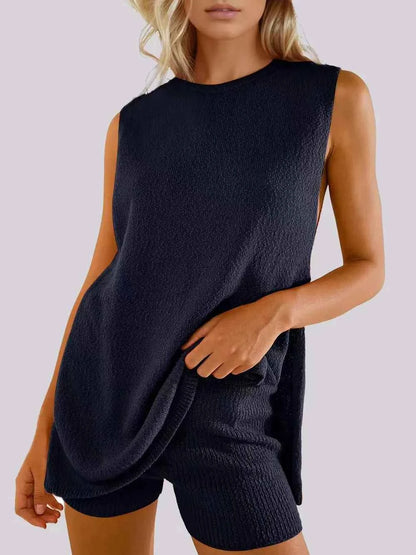 Side Slit Round Neck Tank and Ribbed Shorts Sweater Set