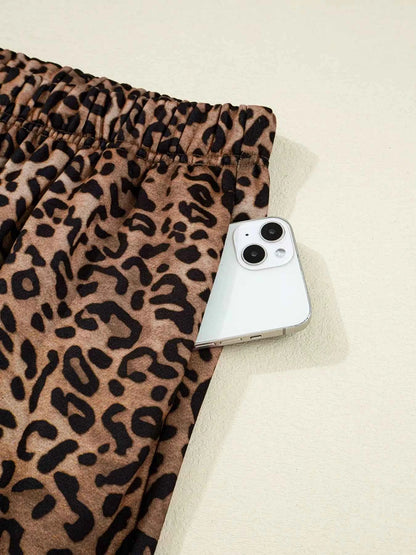 Leopard Print Contrast Trim Long Sleeve Top and Pants Set