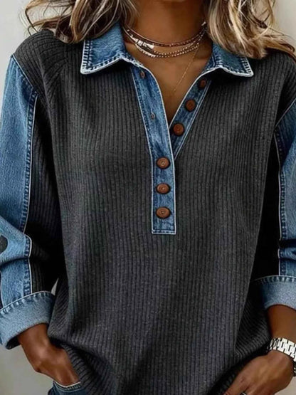 Denim Trim Button Detail Sweatshirt