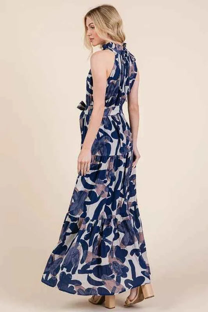 Lime 'N' Chili Abstract Halter Neck Tie-Waist Tiered Maxi Dress