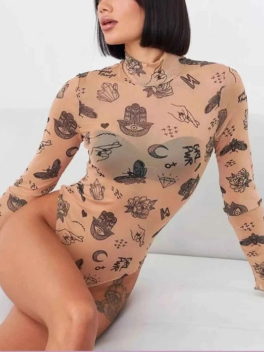 Printed Mock Neck Long Sleeve Bodysuit