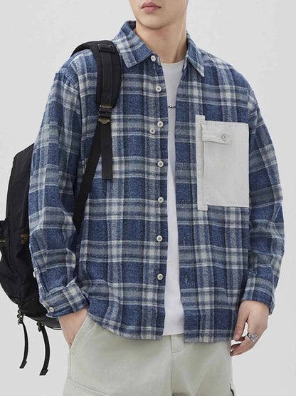 Men's Plus Size Plaid Button Down Shirt with Contrast Pocket