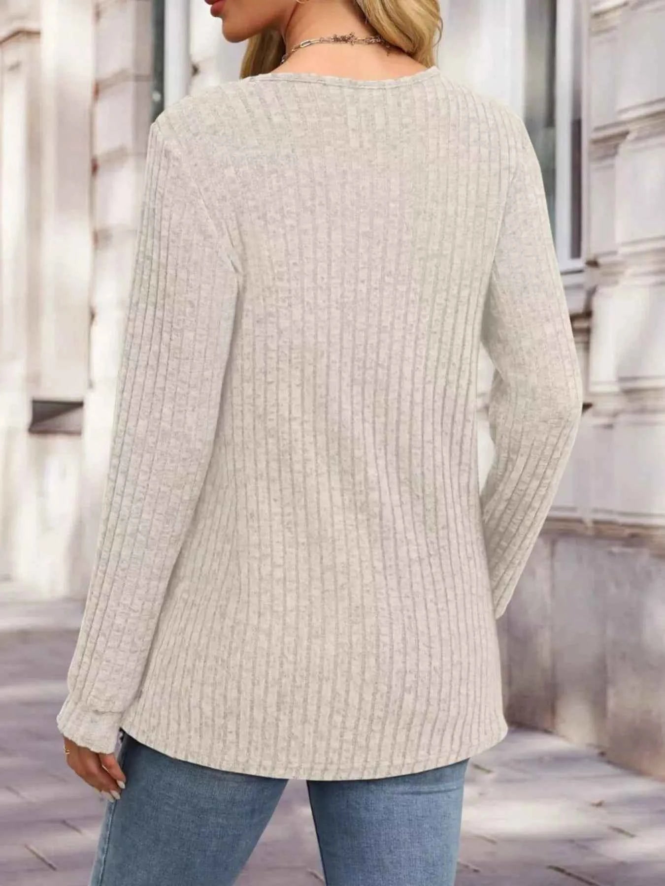 Ribbed Knit Button-Front Long Sleeve T-Shirt