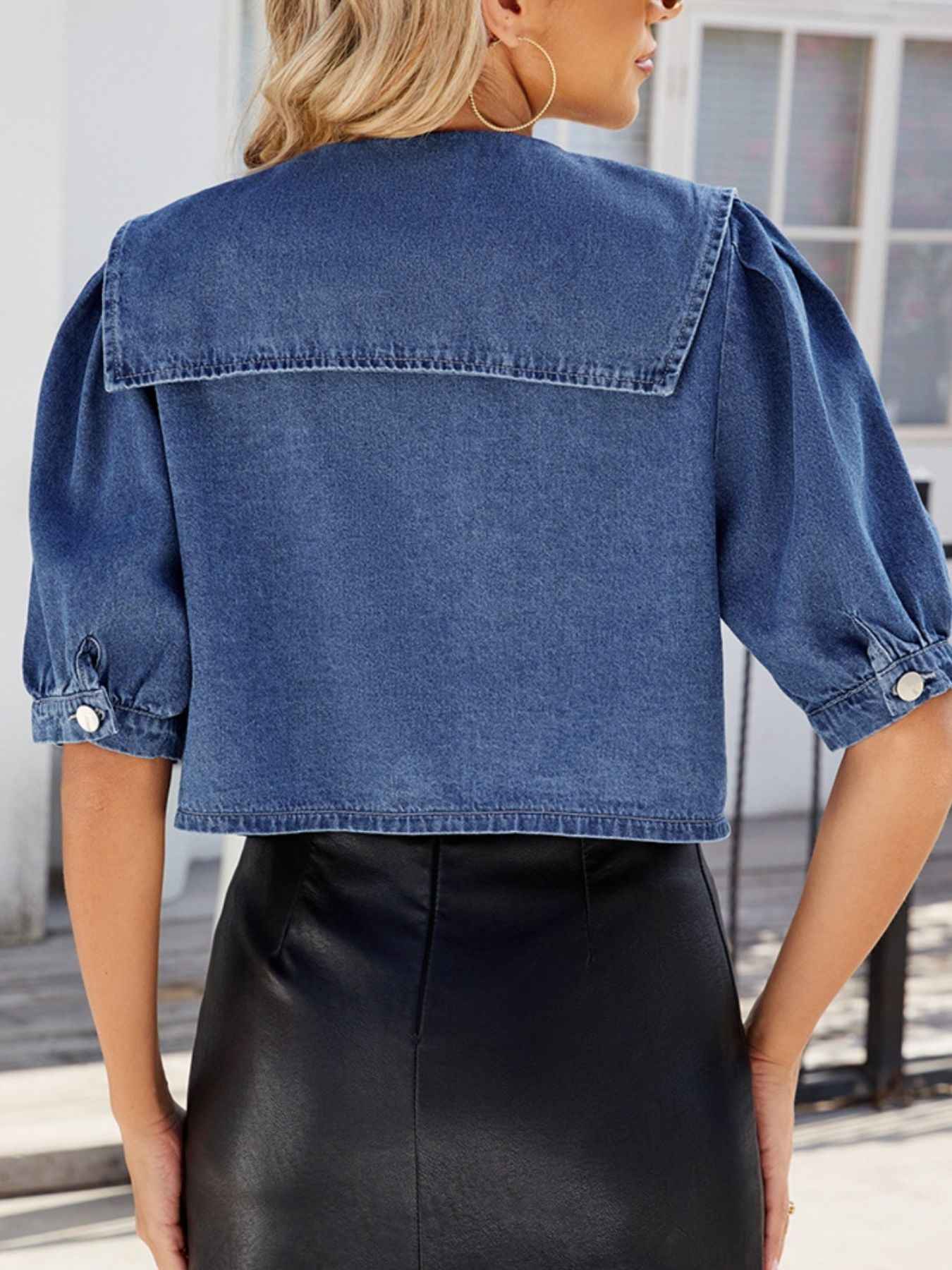 Button Up Puff Sleeve Denim Top