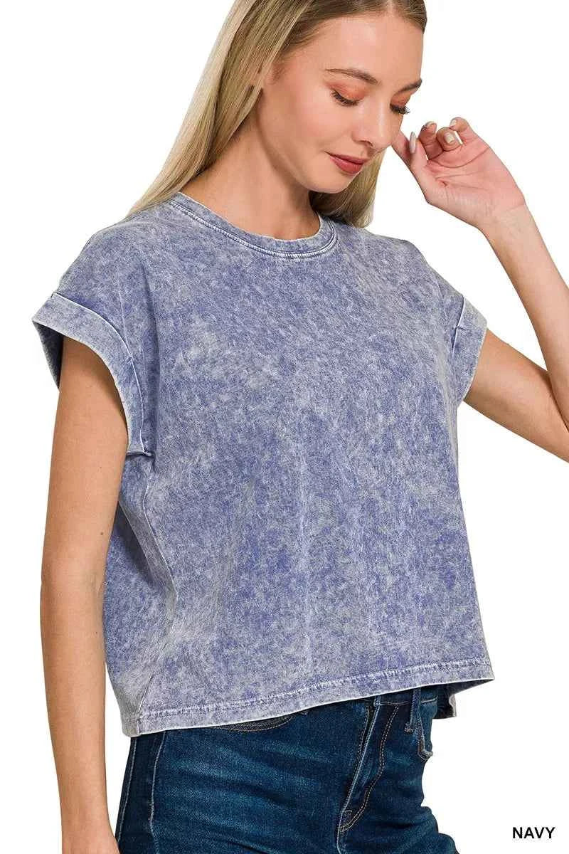 Zenana Halo Washed Cotton Cuffed Short Sleeve Top