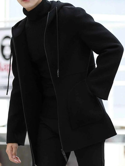 Men's Plus Size Zip Up Drawstring Hooded Wool Coat