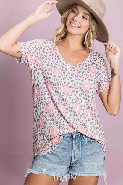 BiBi Leopard Lips Print Top V Neck Top