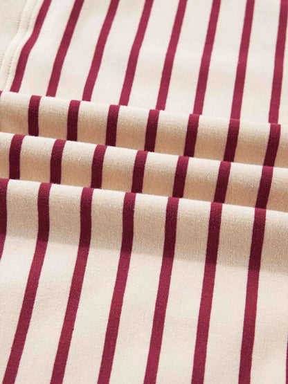 tripe Cropped Collared Drop Shoulder Pullover and Bubble Mini Skirt Set