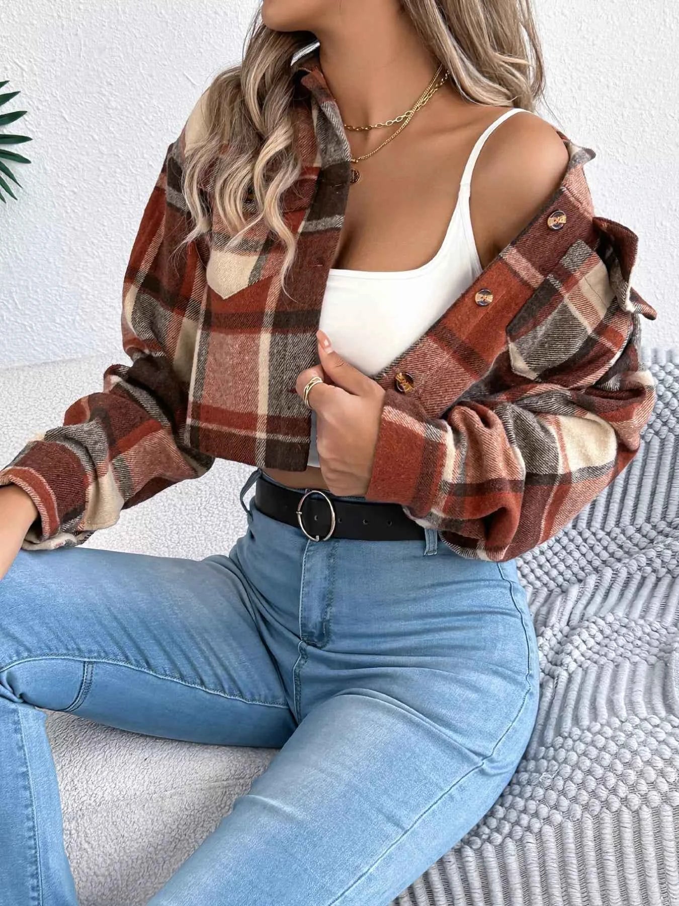 Plaid Button Up Cropped Jacket