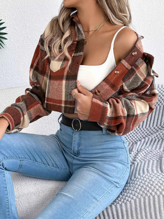 Plaid Button Up Cropped Jacket