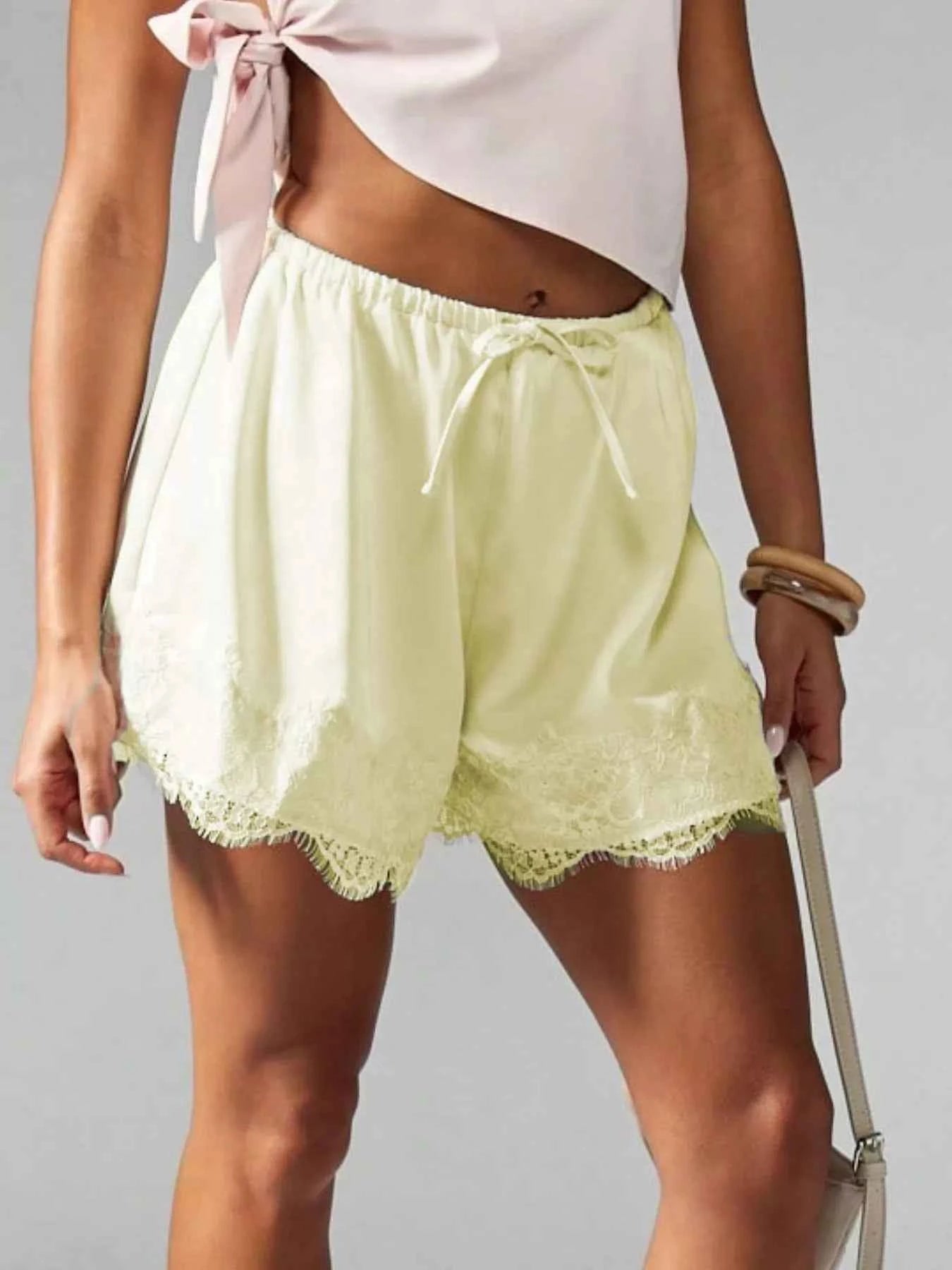 Lace Trim Drawstring Casual Shorts