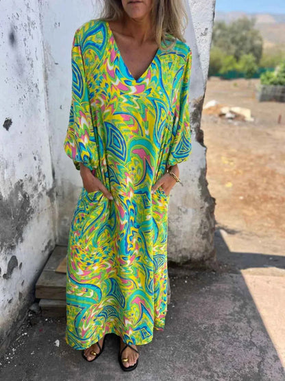 Full Size Printed V-Neck Dress with Pockets Plus Size