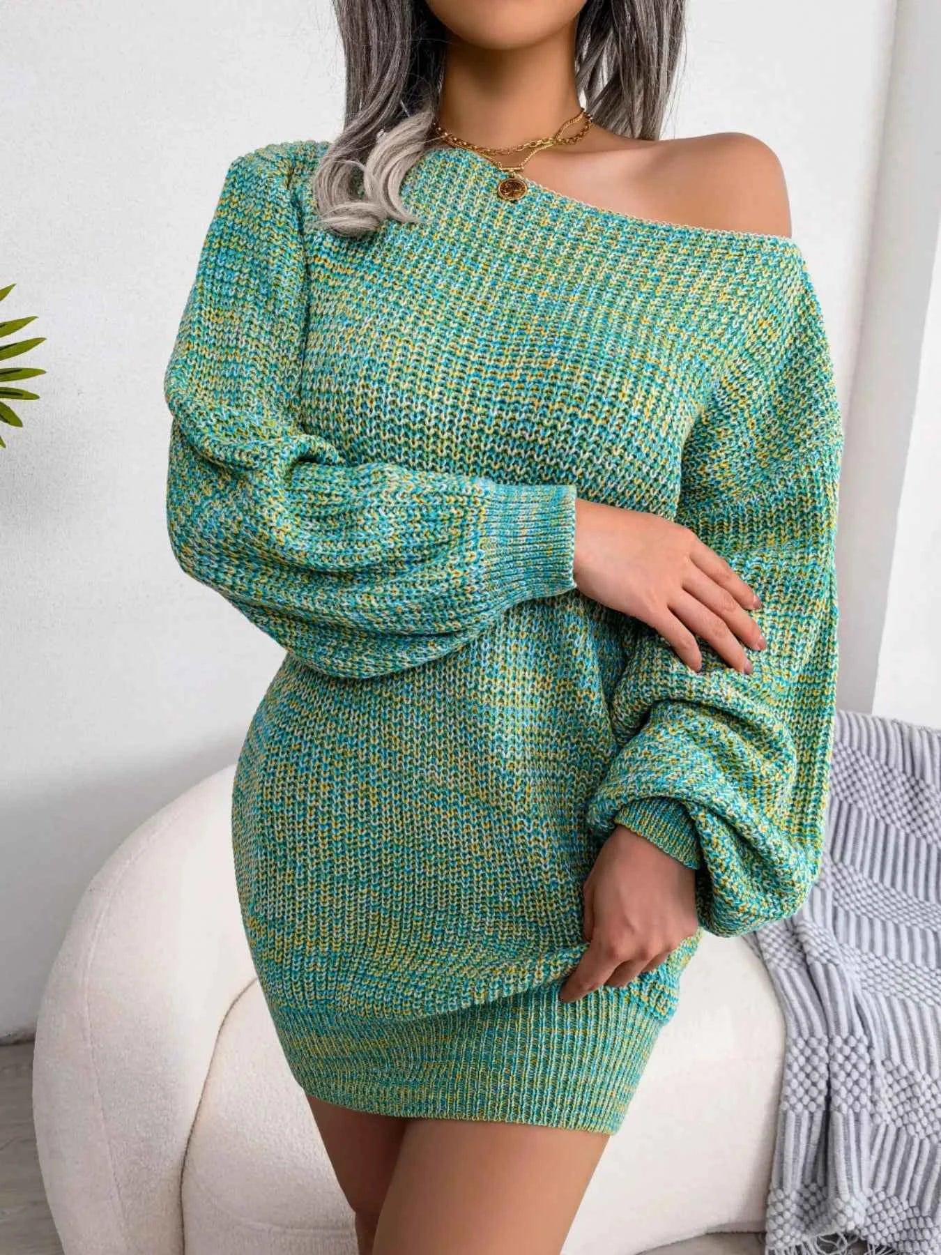 Multi-Color One-Shoulder Sweater Dress