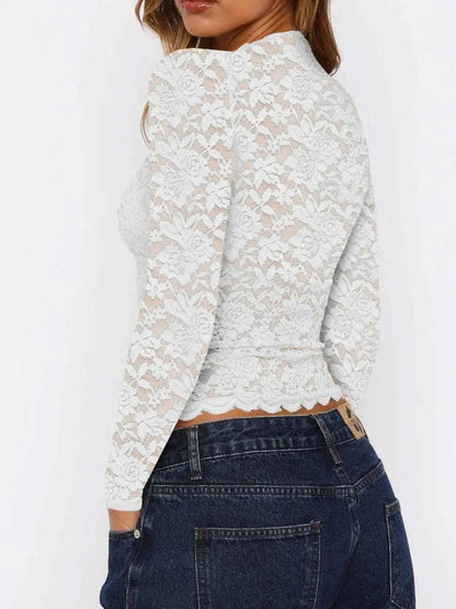 Floral Lace Long Sleeve Deep V-Neck Blouse with Scalloped Hem