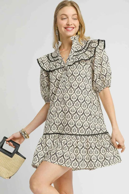 Umgee Ruffled Printed Puff Sleeve Mini Dress