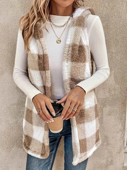 Hooded Plaid Sherpa Vest Coat
