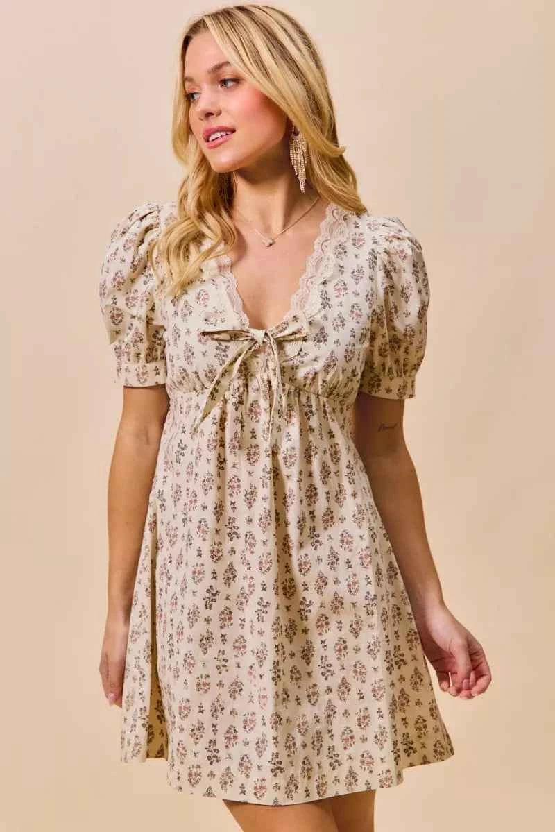 SO ME Floral Print Lace Trim Short Sleeves Mini Dress