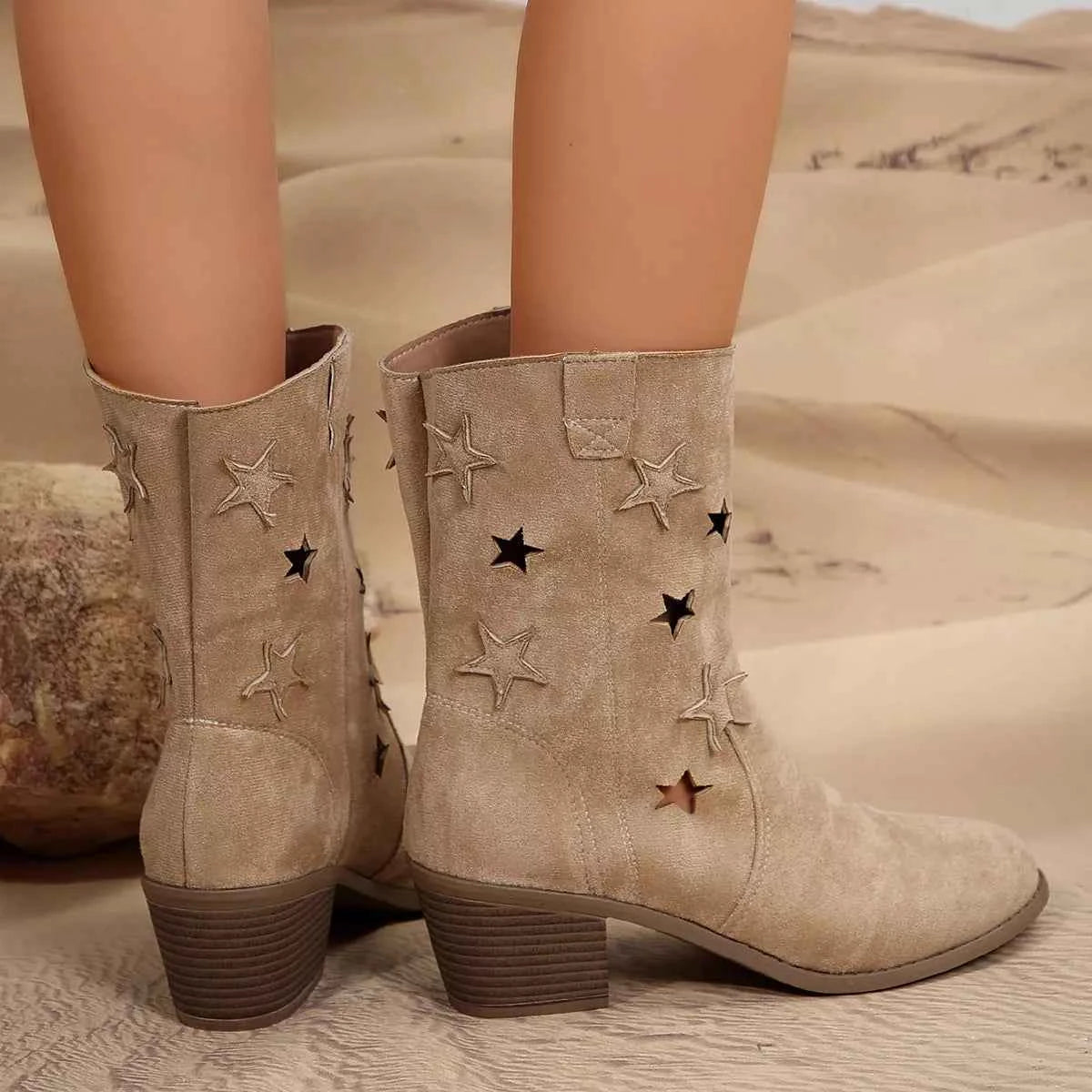 Star Cutout Block Heels Boots