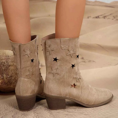 Star Cutout Block Heels Boots