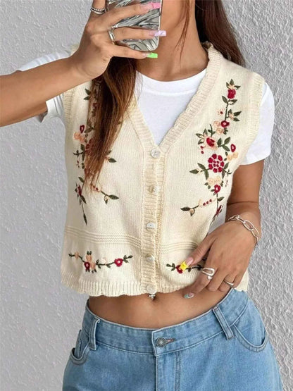 Embroidered Button Up Sweater Vest