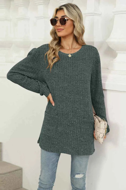 Long Sleeve Ribbed Knit Top with Front Pockets