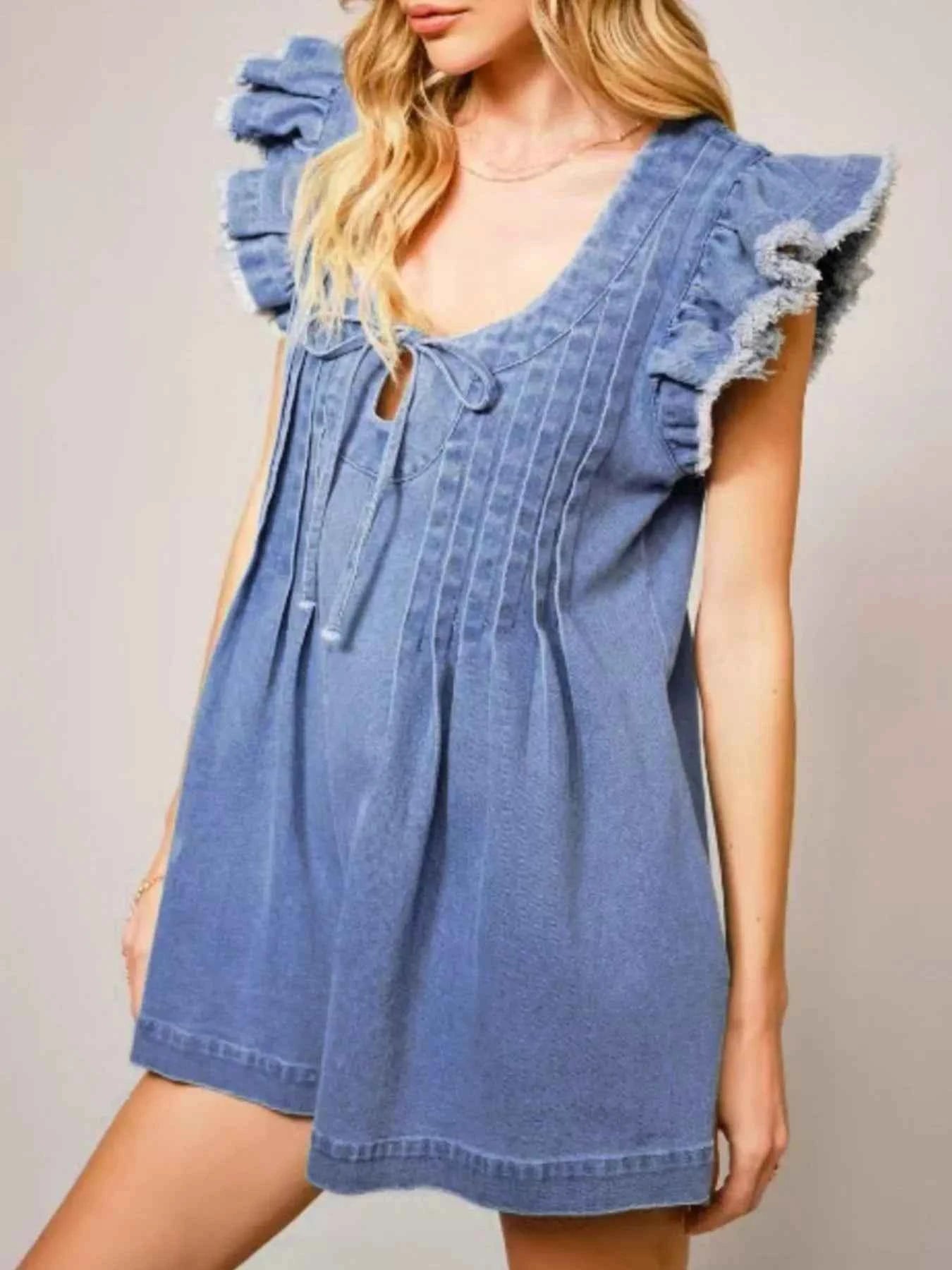 Ruffle Sleeve Denim Romper