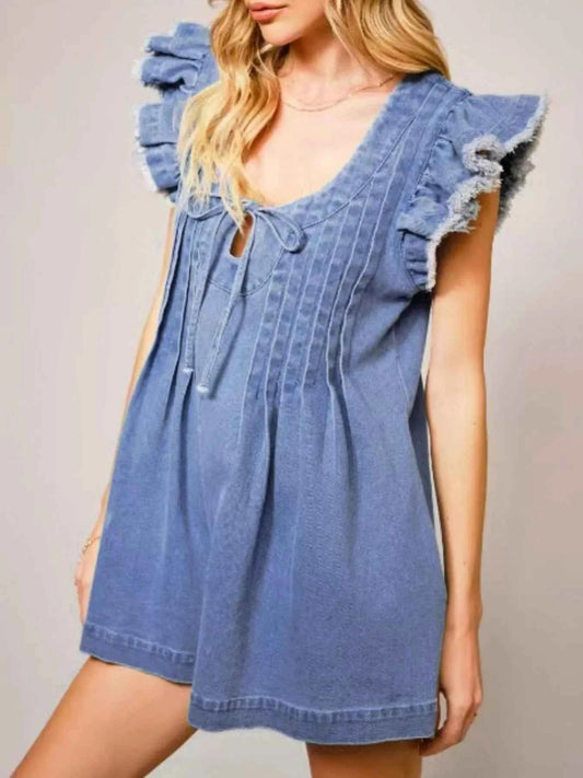 Ruffle Sleeve Denim Romper