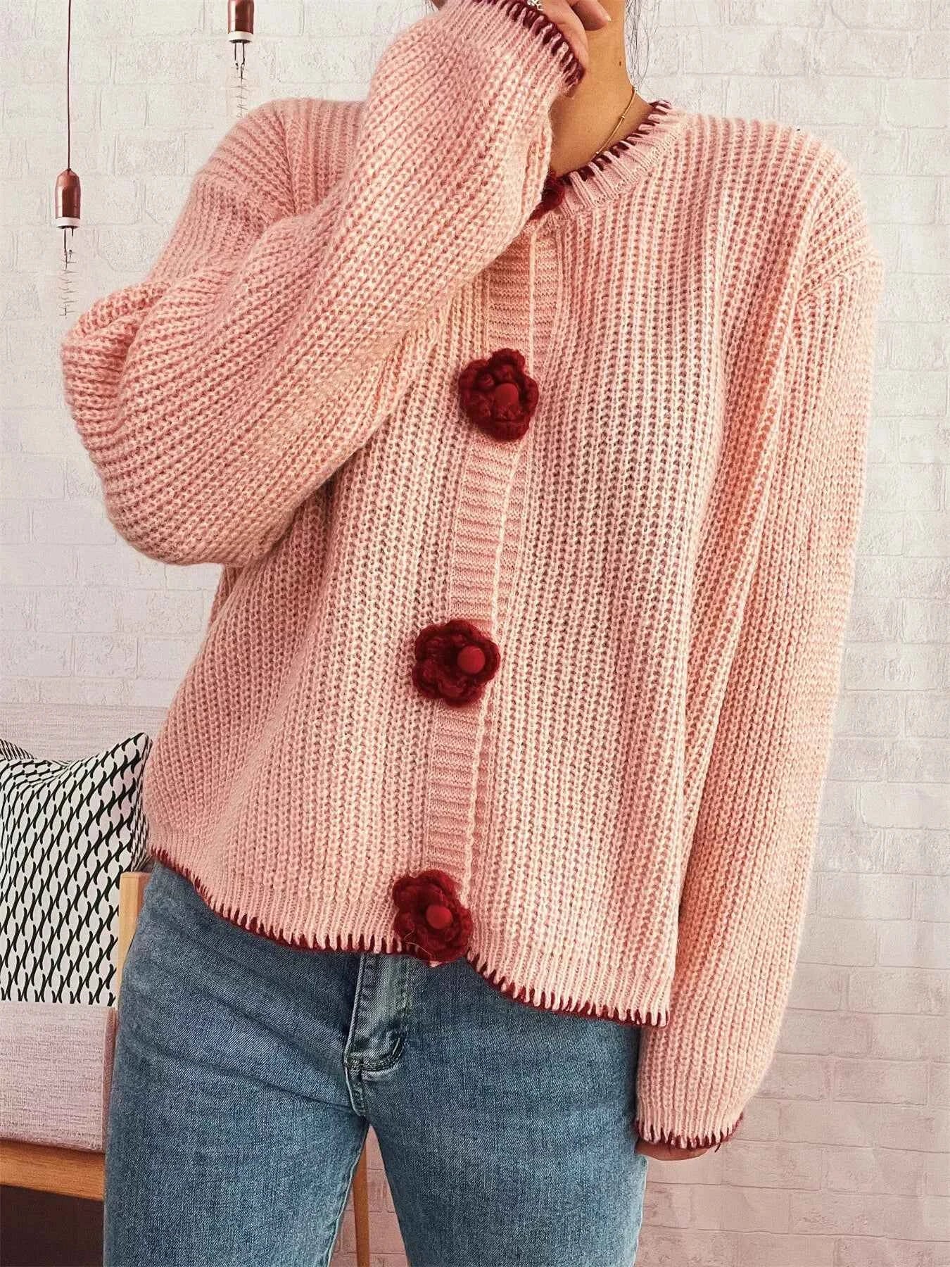 Flower Button Long Sleeve Cardigan
