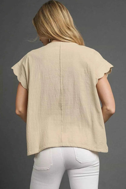 Umgee Embroidered Scallop Sleeve Top with Drawstring Hem