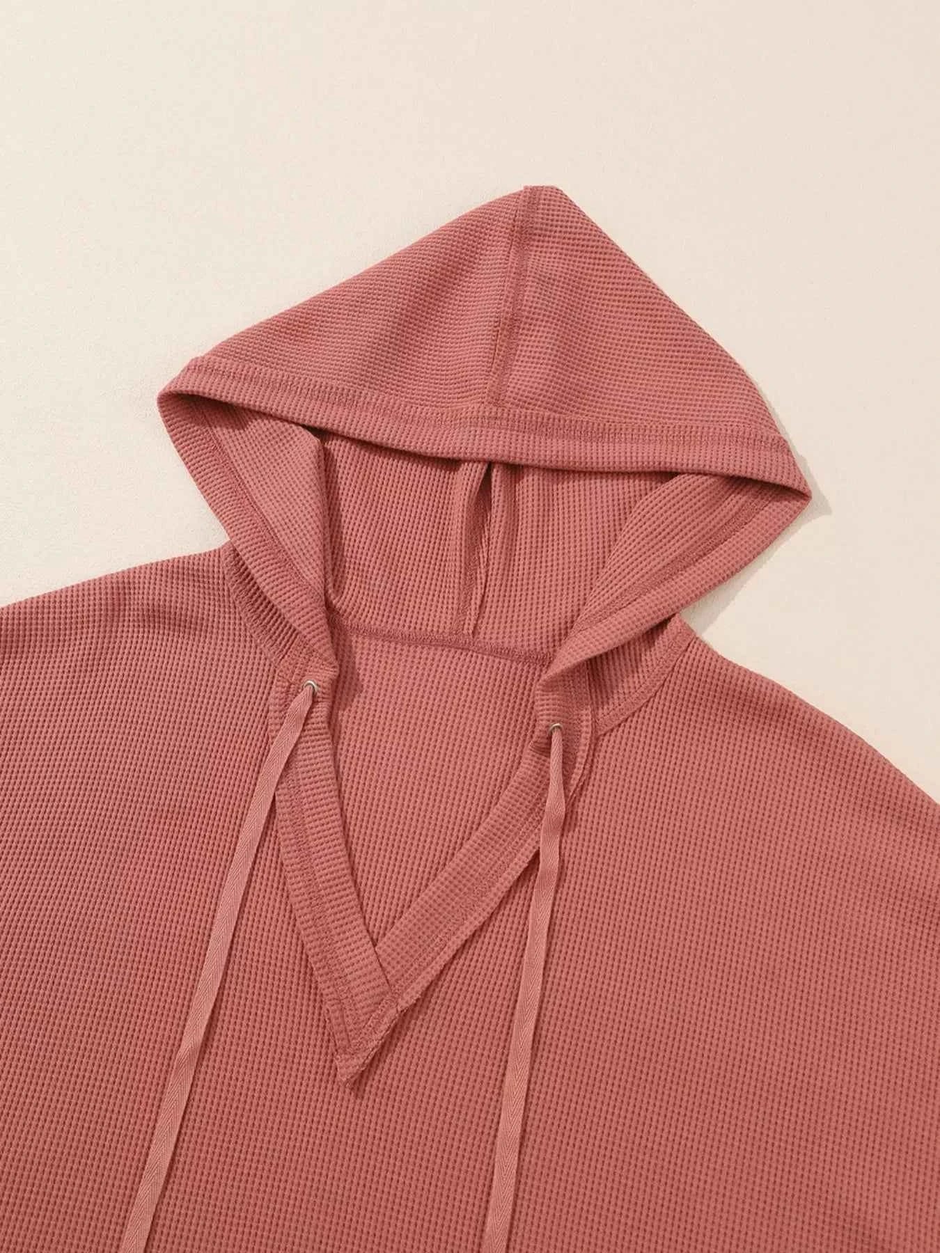 Drawstring V-Neck Waffle Knit Casual Hoodie