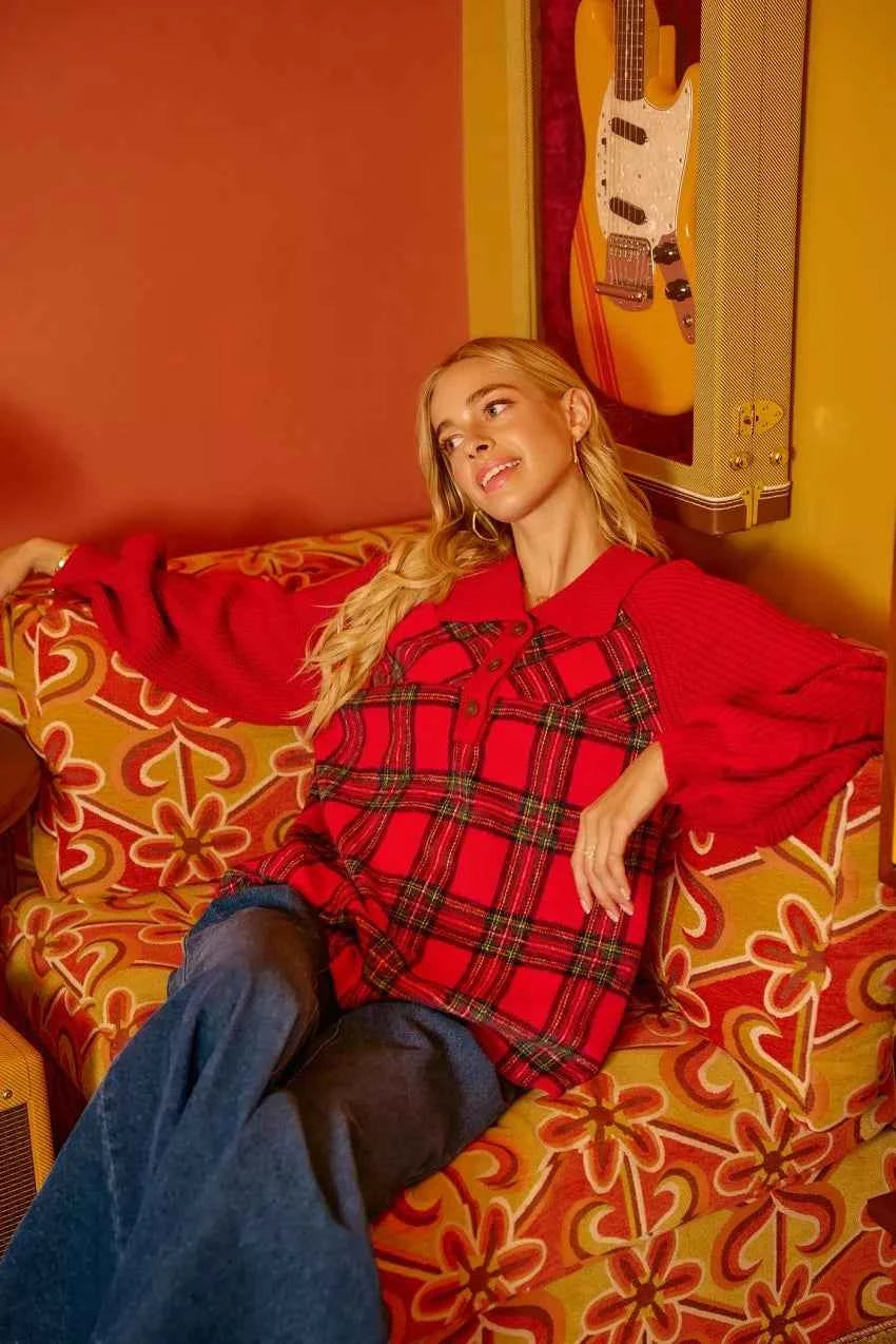BiBi Plaid Buttoned Collared Top with Sweater Sleeve