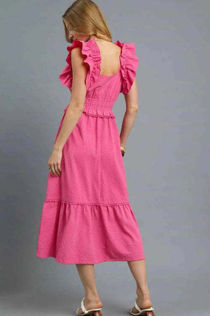 Umgee V-Neck Ruffled Cap Sleeve Midi Dress