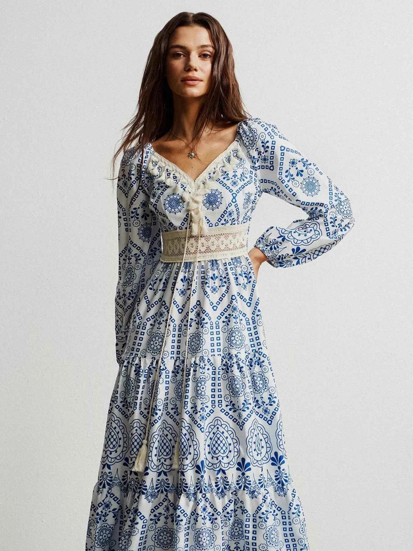 Bohemian Print Midi Dress with Tassel Detail