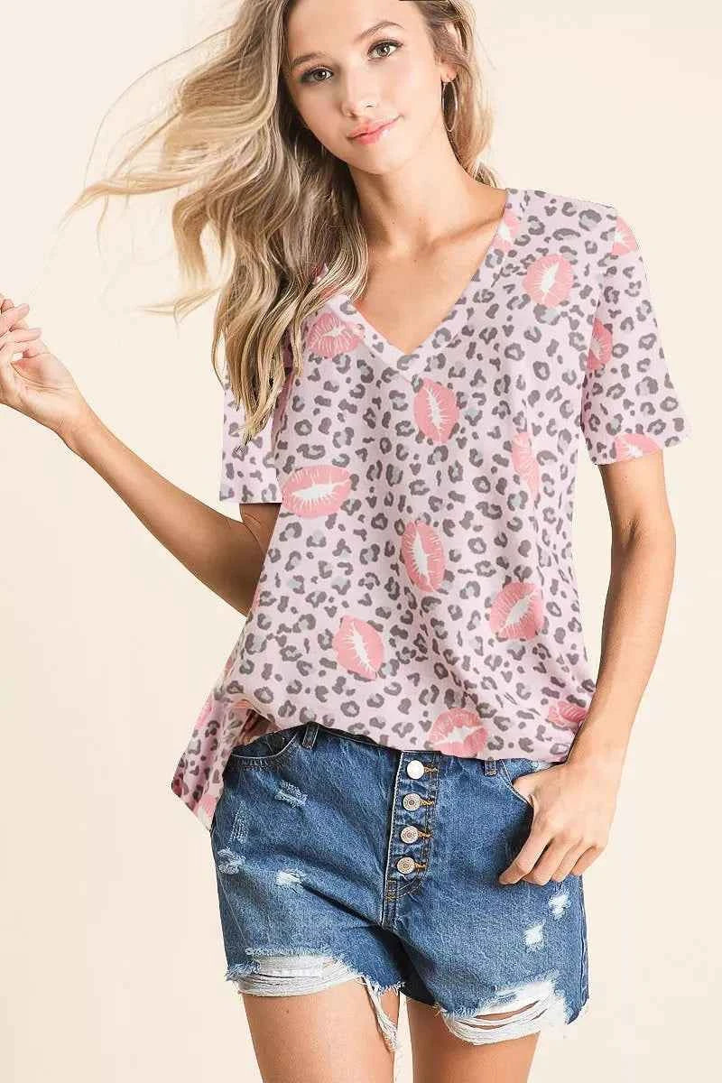 BiBi Leopard Lips Print Top V Neck Top