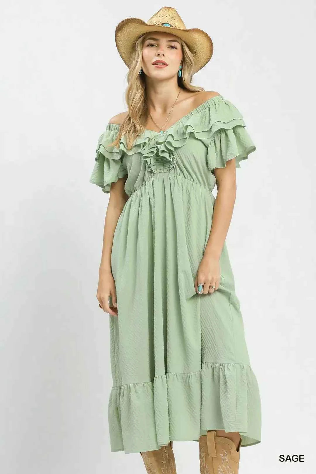 Umgee Textured Ruffle Midi Dress