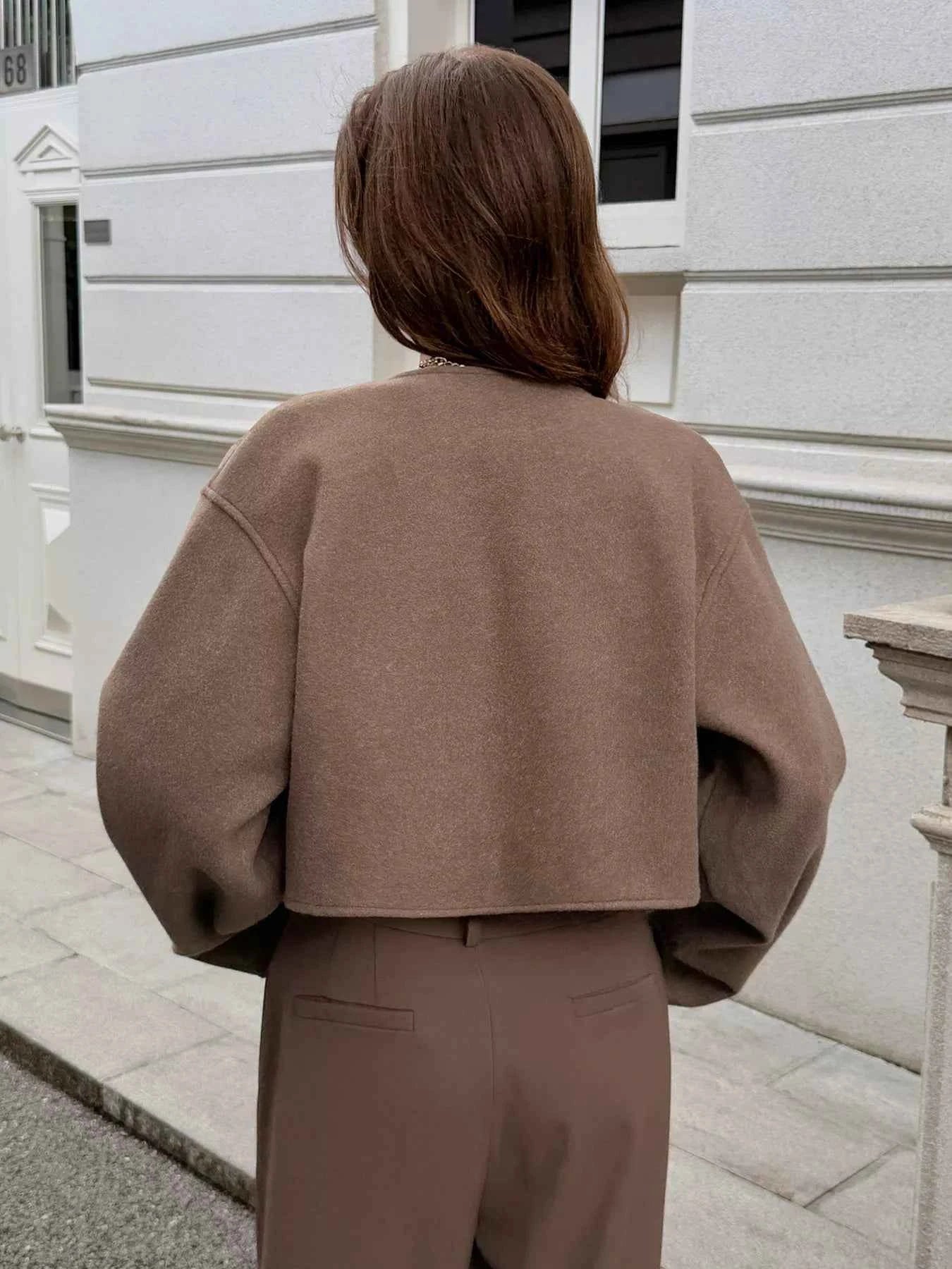 Button-Front Dropped Shoulder Cropped Jacket