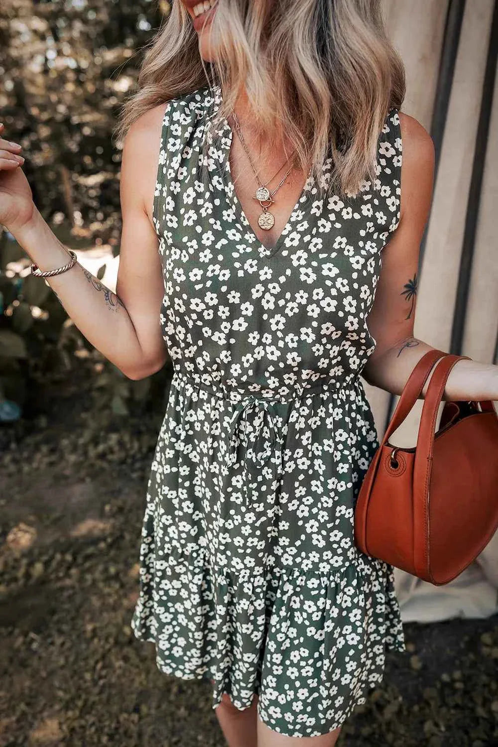 Boho Floral Print V Neck Tunic Sleeveless Dress