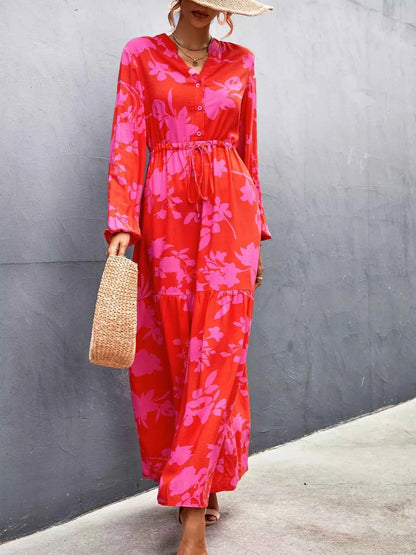 Floral Drawstring Waist Long Sleeve Maxi Dress