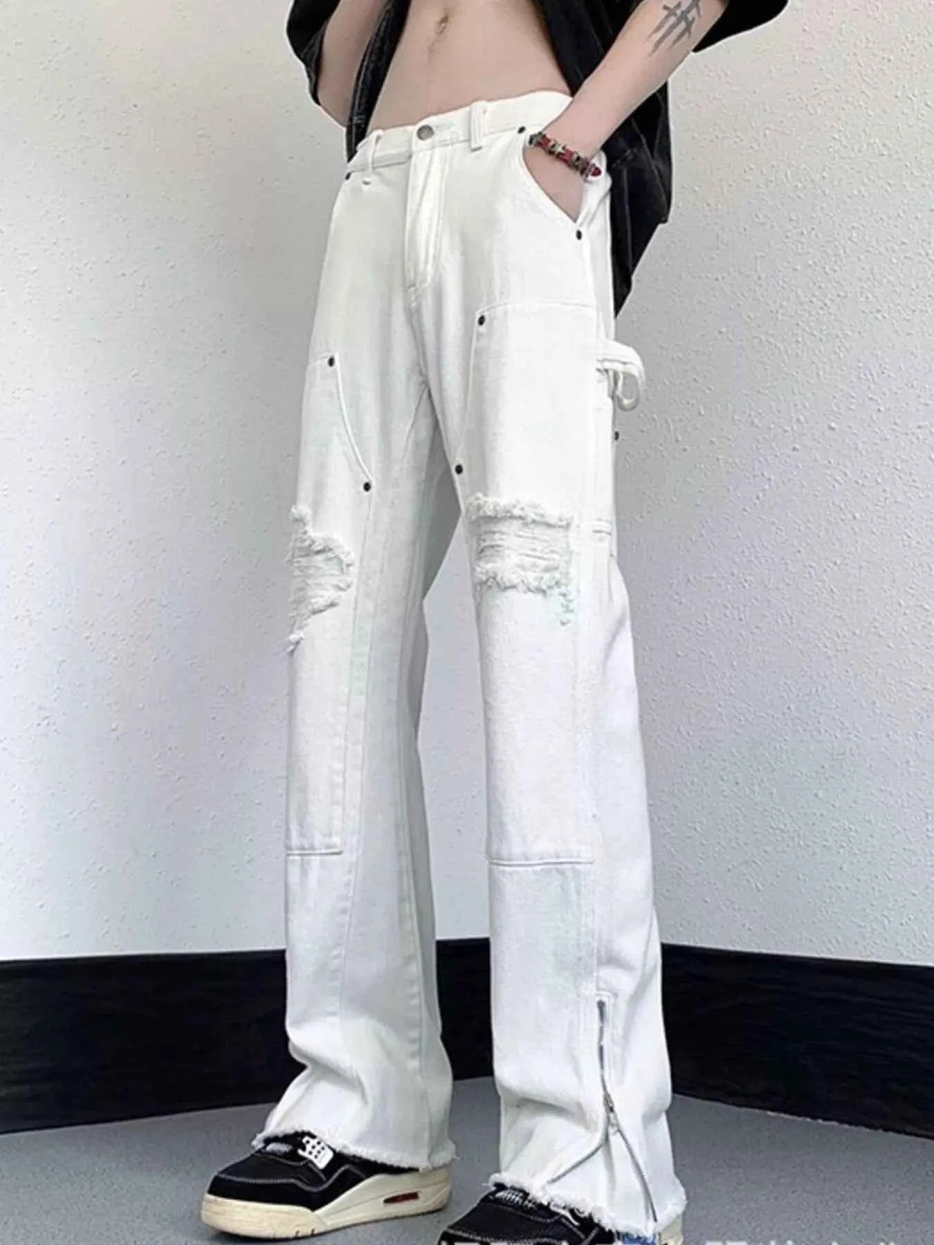 Men's Distressed Raw Hem Wide Leg Jeans