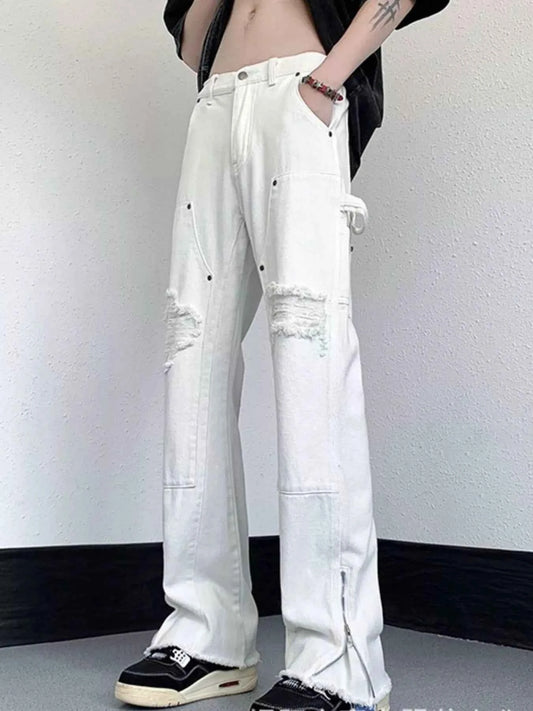 Men's Distressed Raw Hem Wide Leg Jeans