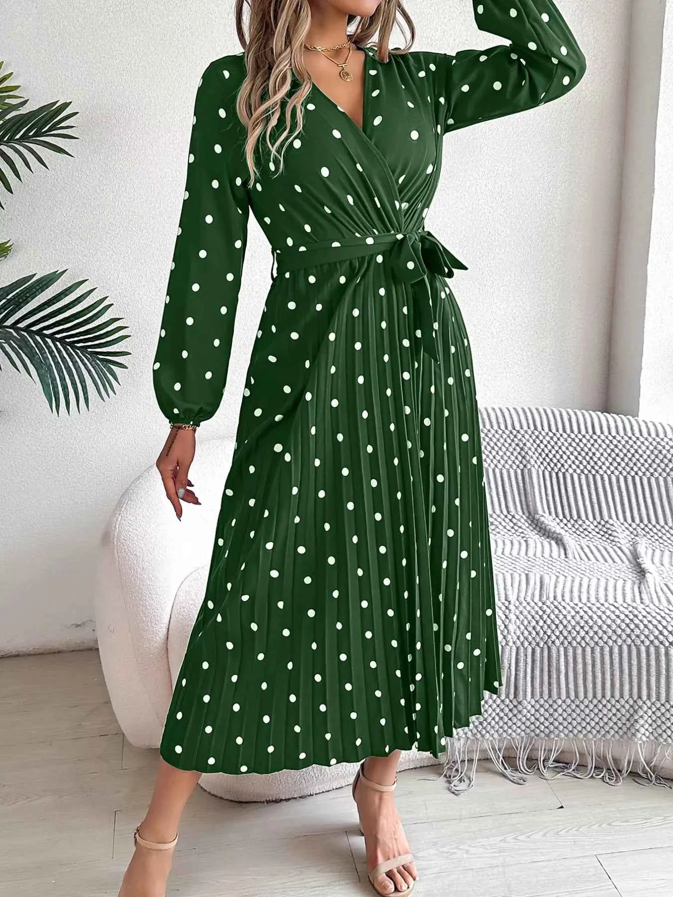 Front Tie Polka Dot Midi Pleated Dress